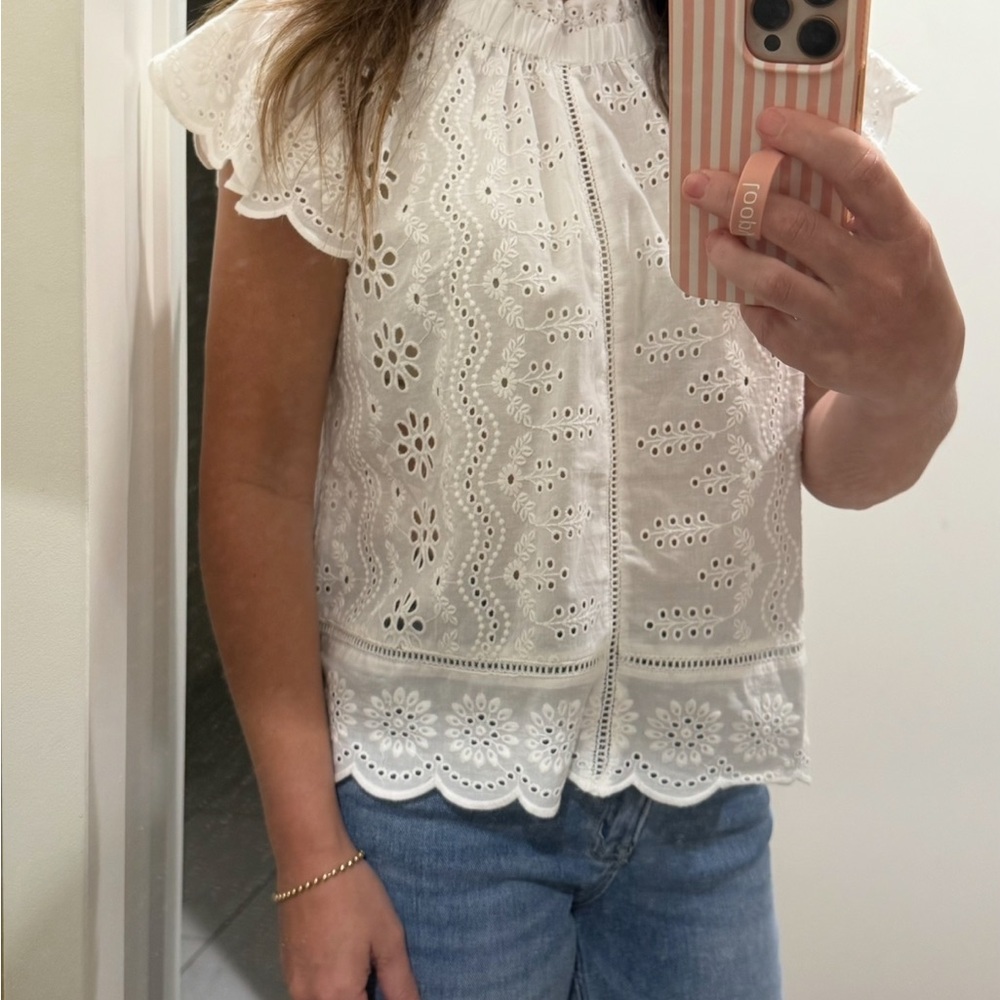 Women's White Eyelet Flutter Sleeve Blouse